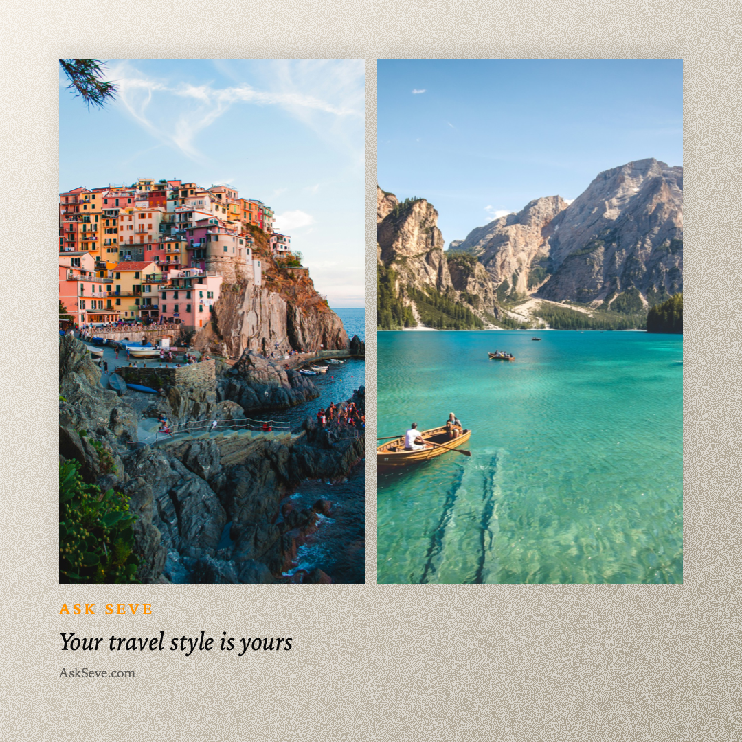 Travel editorial Instagram post made with Drop Kit for AskSeve — two-photo serif layout 'Your travel style is yours'