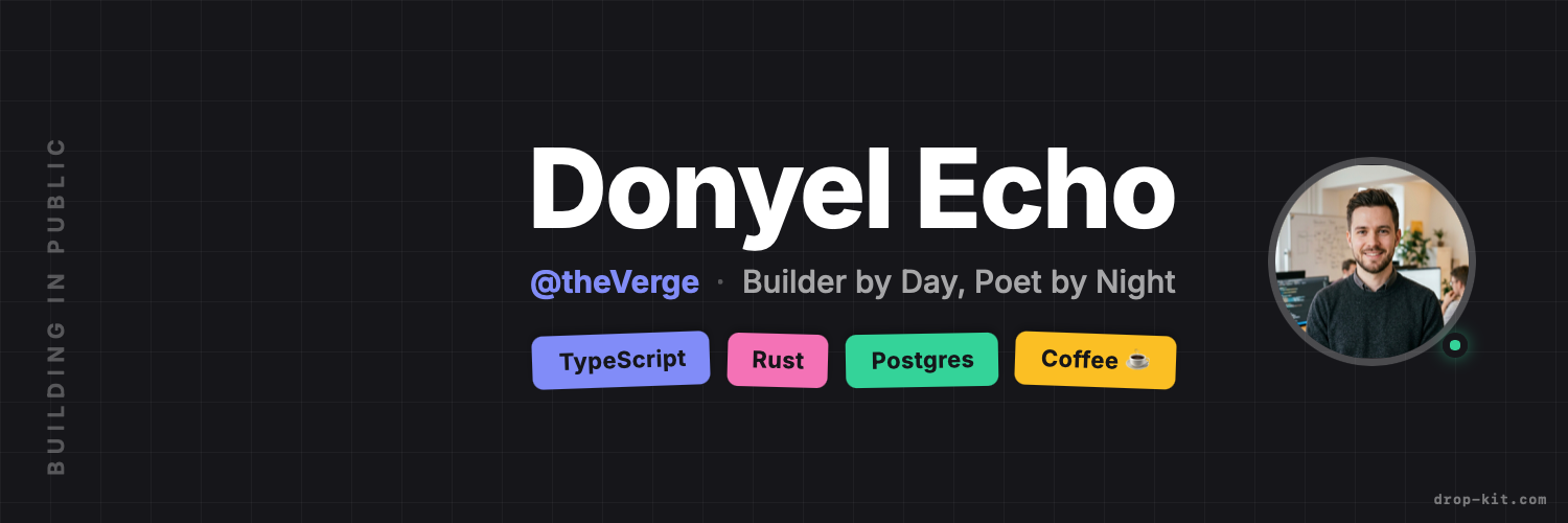 X / Twitter header banner made with Drop Kit — personal brand bio strip