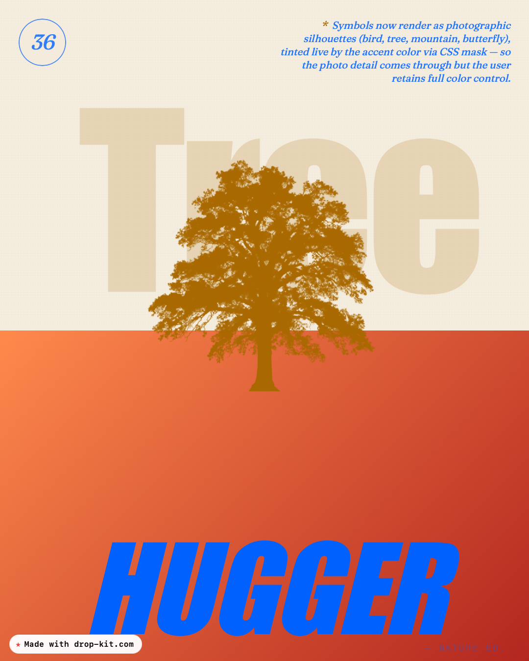 Atelier style portrait poster made with Drop Kit — silhouette photo + bold serif 'Tree Hugger' release note