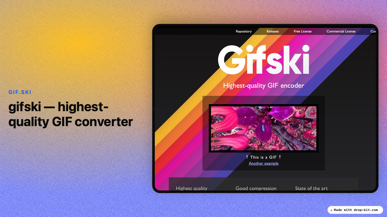 YouTube / cover banner made with Drop Kit for gifski — tablet mockup of highest-quality GIF encoder